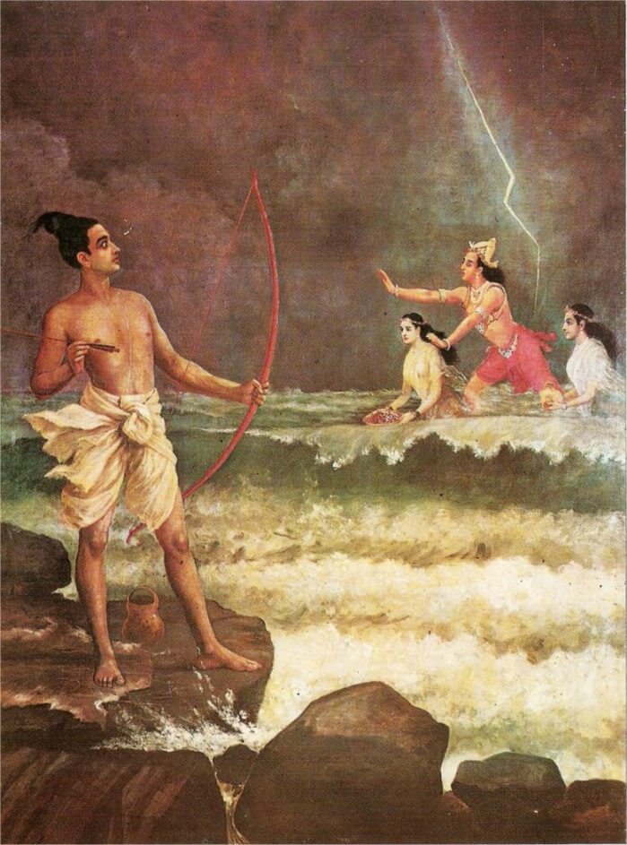 Varuna begs for mercy from Ram as Ram readies an arrow to dry up the ocean